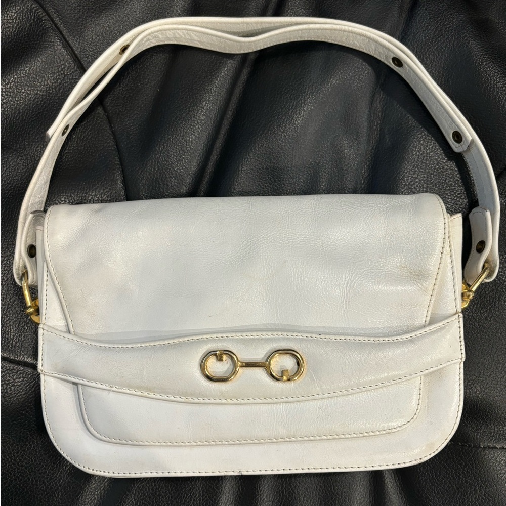 Vintage 1960's Sacha white Leather Handbag with Gold Tone Accents